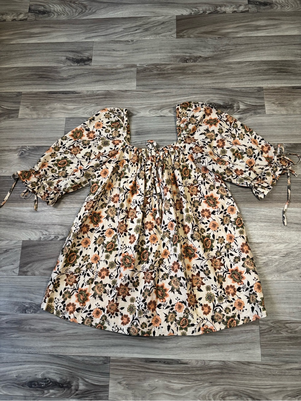 Juillet Floral Puff Sleeve Cotton Lien Square Neck Mini Dress Sizer Extra Small